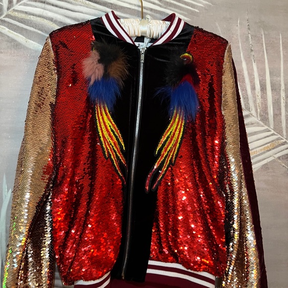 Sequin Bomber Jacket with Fur Accents - Picture 9 of 16